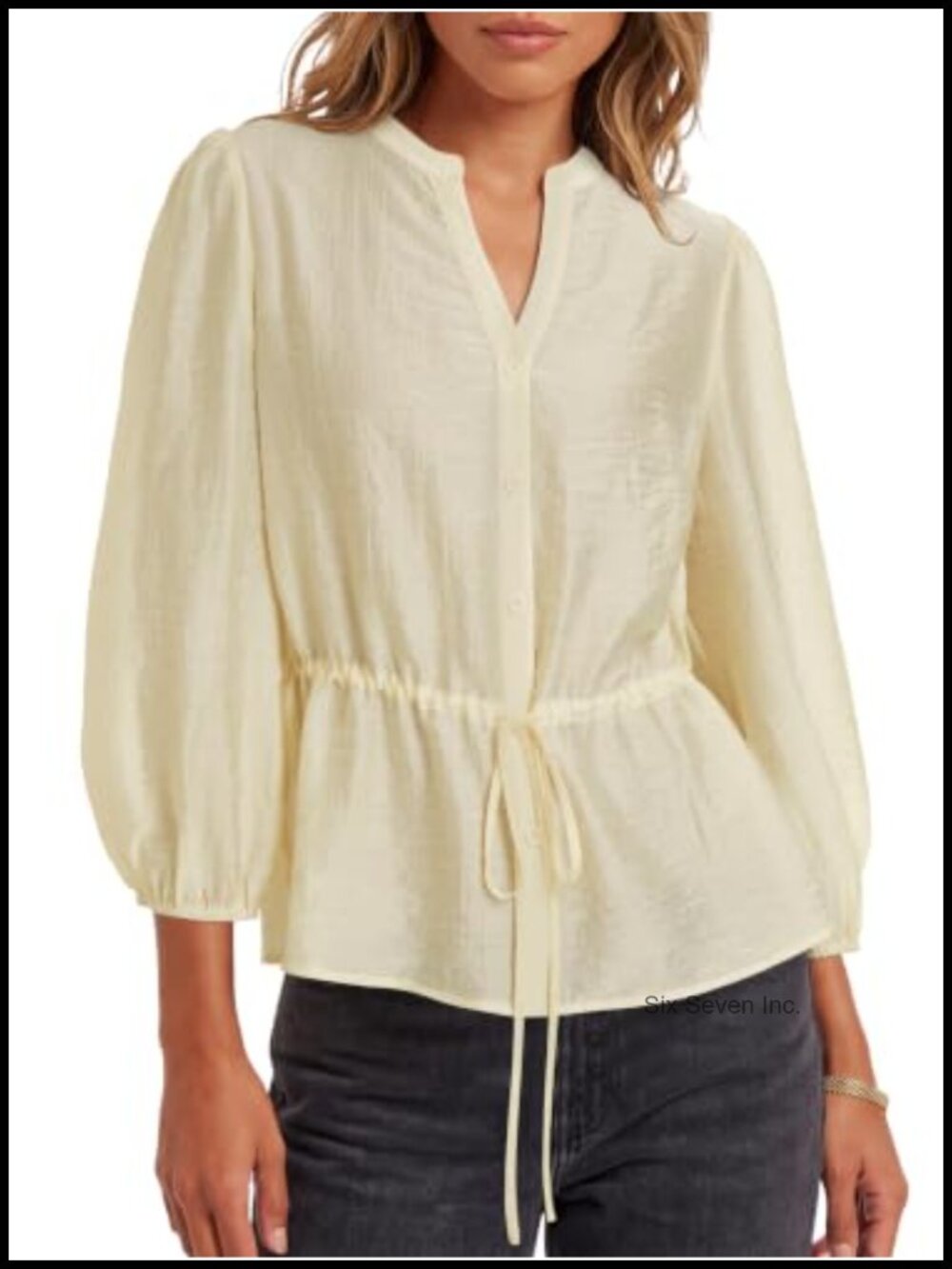 V-Neck Button Down Peplum Blouse 3/4 Balloon Sleeve Dressy Top